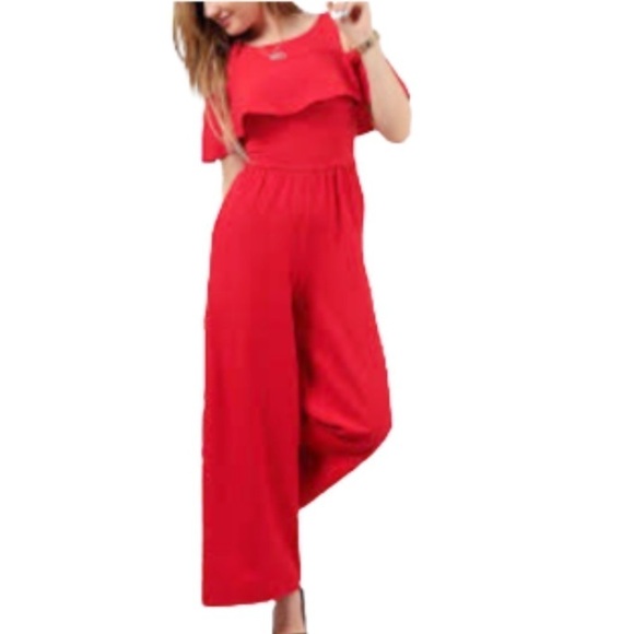 Zara Pants - Zara Red Cold Shoulder Ruffle Jumpsuit size XS